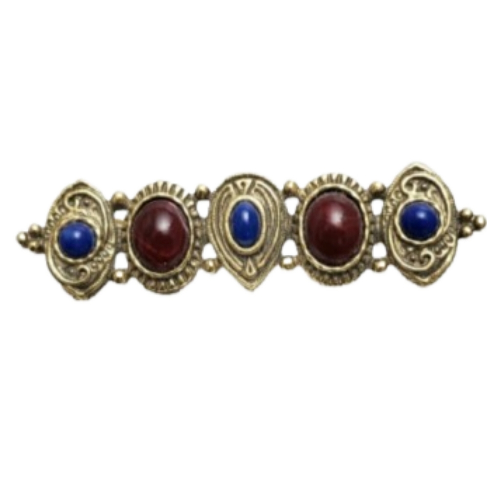 Vintage 1928 Red and Blue Cabochons Gold Tone Bar Brooch